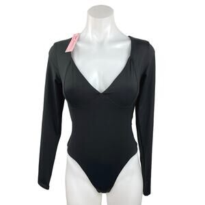 Qinsen Women's Black V-Neck Long Sleeve High Cut Leg One Piece Bodysuit Size M